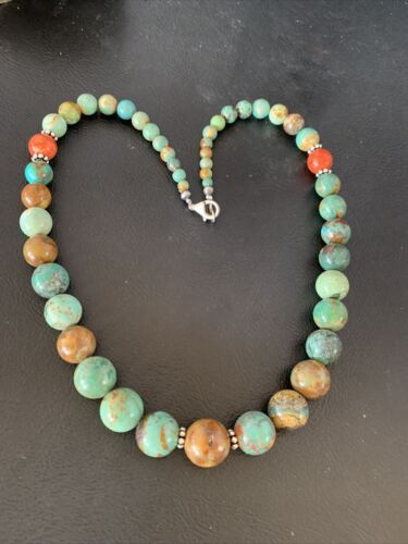 Navajo Green Turquoise & Apple Coral Graduated Necklace | Sterling Silver | Authentic Native American | 18" | 13204