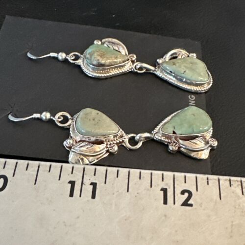 Navajo Green Royston Turquoise Dangle Earrings | Sterling Silver | Authentic Native American Handmade | 16838