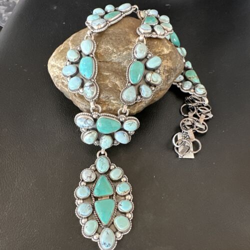 Navajo Blue Golden Hills Turquoise Lariat Necklace Pendant | 30" | Authentic Native American Handmade | 16189