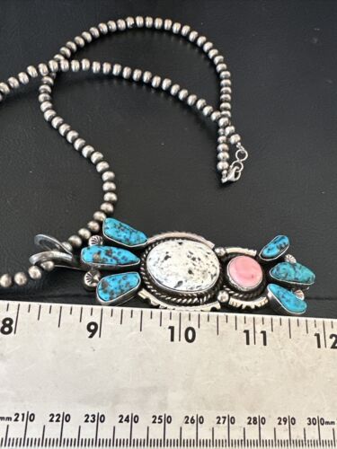 Navajo Blue Kingman Turquoise Cluster Pendant | Sterling Silver | 4" | Authentic Native American Handmade | 17419