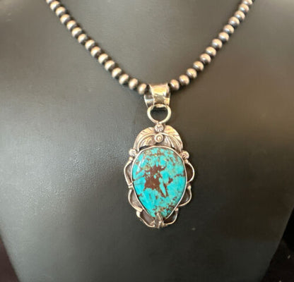 Navajo Blue Turquoise Pendant Necklace | Sterling Silver Pearls | Authentic Native American Handmade | 15640