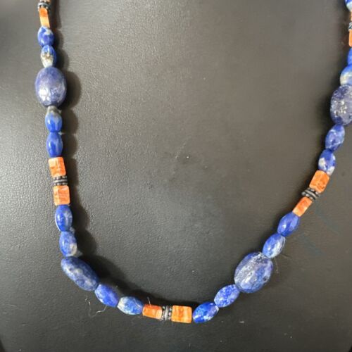 Men's Lapis Lazuli Spiny Oyster Necklace | Navajo Sterling Silver | 18" | Authentic Native American Handmade | 15265