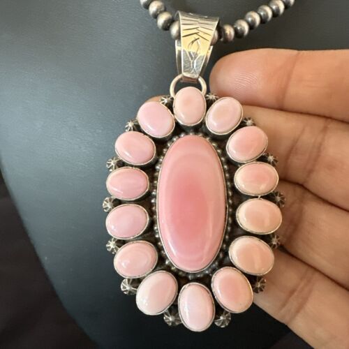 Navajo Pearls Pink Conch Necklace with Multi-Stone Cluster Pendant | Authentic Native American Handmade | 16061