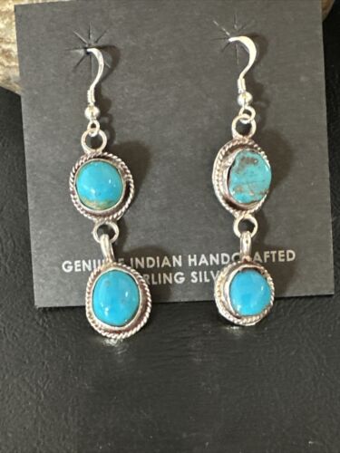 Kingman Turquoise Dangle Earrings | Navajo Sterling Silver | Authentic Native American Handmade | 14865