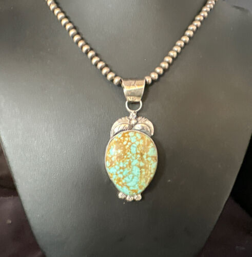 Navajo Pearls Sterling Silver Necklace Pendant | Blue Turquoise #8 | Authentic Native American Handmade | 14856