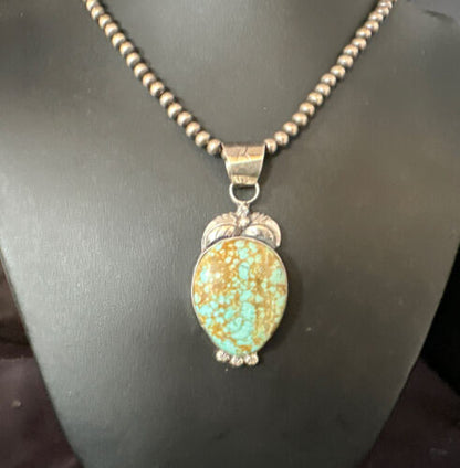 Navajo Pearls Sterling Silver Necklace Pendant | Blue Turquoise #8 | Authentic Native American Handmade | 14856