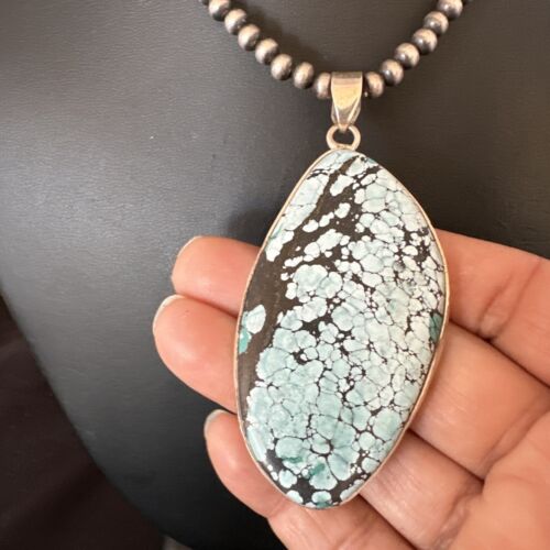 Men's Navajo Blue Spiderweb Turquoise Pendant Necklace | Sterling Silver | Authentic Native American Handmade | 16231
