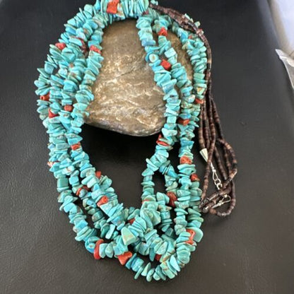 Navajo Blue Turquoise & Spiny Shell Heishi Necklace | Sterling Silver | 30" | Authentic Native American Handmade | 16072