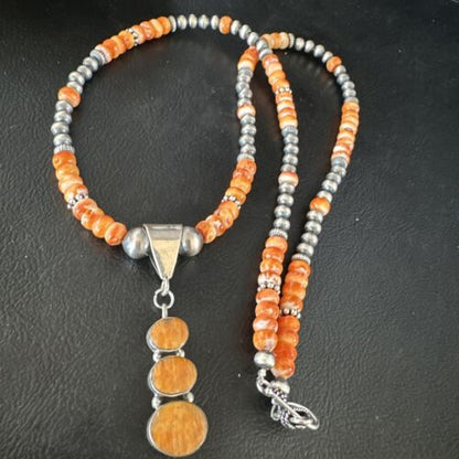 Navajo Orange Spiny Oyster Pendant with Pearls | Sterling Silver Necklace | Authentic Native American Handmade | 15255