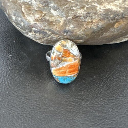 Navajo Blue Turquoise Orange Spiny Oyster Ring | Sterling Silver | Sz 8 | Authentic Native American Handmade | 16621
