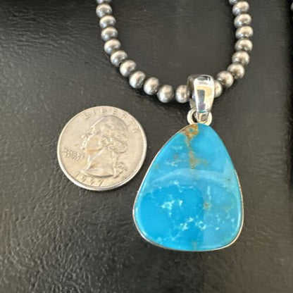 Navajo Blue Kingman Turquoise Pendant Necklace | Sterling Silver | 20" | Authentic Native American Handmade | 16671