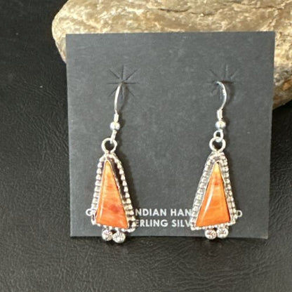 Navajo Orange Spiny Oyster Dangle Earrings | Sterling Silver | Authentic Native American Handmade | 17275