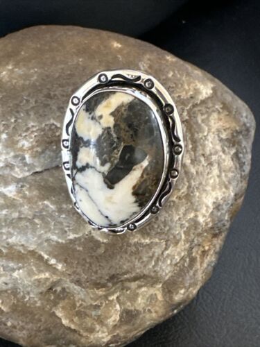 White Buffalo Turquoise Navajo Ring | Sterling Silver | Sz 9 | Authentic Native American Handmade | 16388