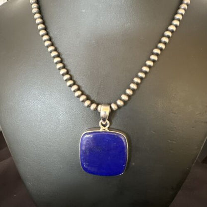 Navajo Blue Lapis Pendant with Pearls | Sterling Silver Necklace | 20" | Authentic Native American Handmade | 16664