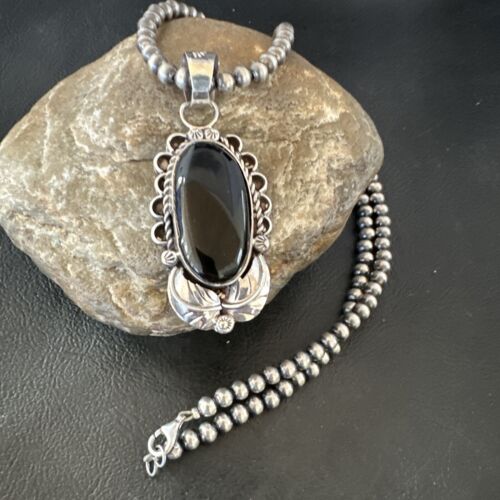 Men's Navajo Pearls Black Onyx Necklace Pendant | Sterling Silver | Authentic Native American Handmade | 16534 - Masha USA