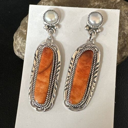 Navajo Red Spiny Oyster Pearl Dangle Earrings | Sterling Silver | Authentic Native American Handmade | 15325