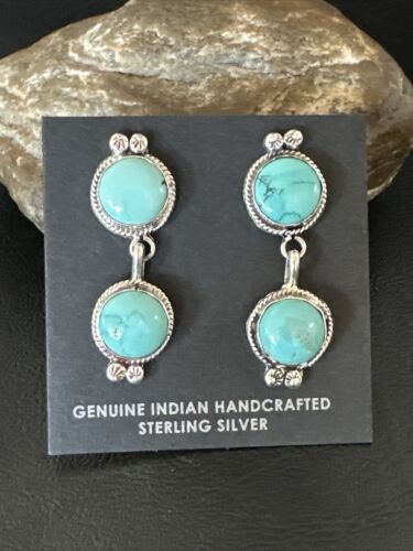 Navajo Blue Green Turquoise Dangle Earrings | Sterling Silver | 1.5" | Authentic Native American Handmade | 17388