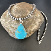 Navajo Blue Kingman Turquoise Pendant Necklace | Sterling Silver | 20" | Authentic Native American Handmade | 16674