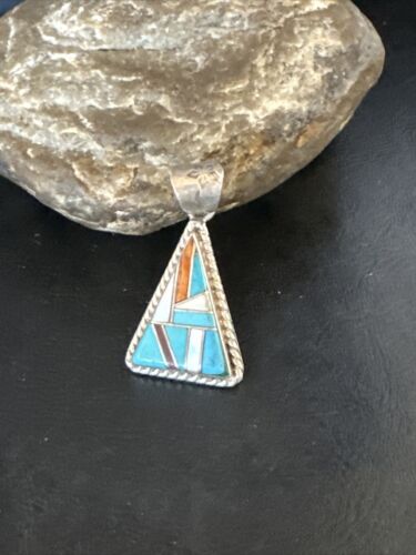 Navajo Blue Turquoise Spiny Mother of Pearl Inlay Pendant | Sterling Silver | Authentic Native American Handmade | 15195