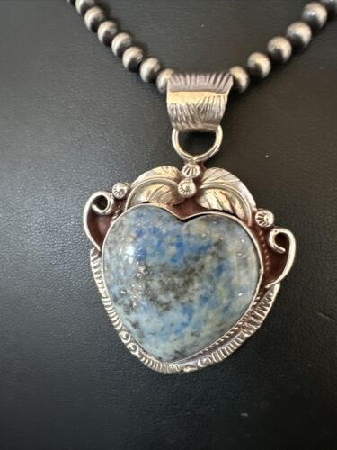 Navajo Blue Heart Denim Lapis Pendant Necklace | Sterling Silver Pearls | Authentic Native American Handmade | 15521