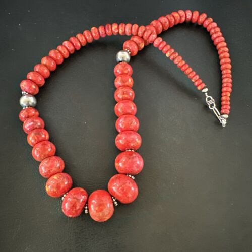 Authentic Navajo Sterling Silver Necklace | Apple Sponge Coral Graduated Beads | 25" | Native American Jewelry | 16815