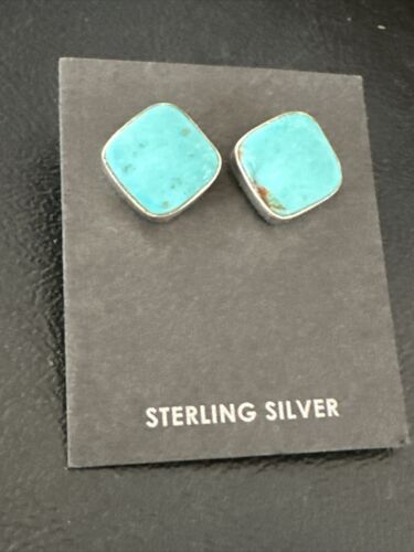 Navajo Blue Kingman Turquoise Post Stud Earrings | Sterling Silver | Authentic Native American Handmade | 17409