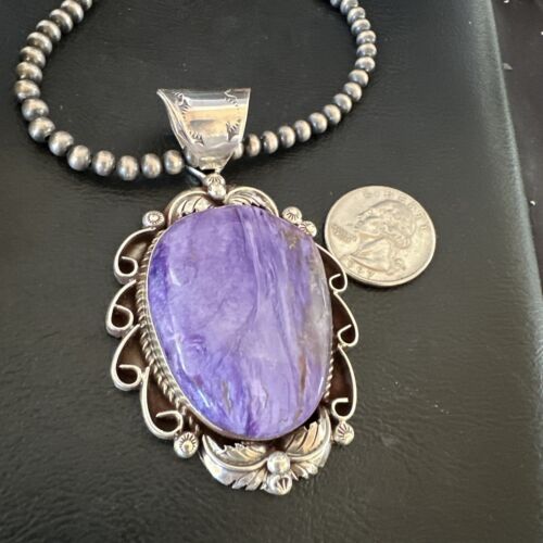 Navajo Purple Charoite Pendant with Pearls | Sterling Silver Necklace | Authentic Native American Handmade | 16654