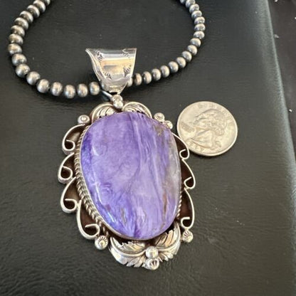 Navajo Purple Charoite Pendant with Pearls | Sterling Silver Necklace | Authentic Native American Handmade | 16654