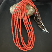 Navajo Red Spiny Oyster Shell Necklace | 5 Strand | Sterling Silver | 26" | Authentic Native American Handmade | 15530