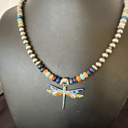 Navajo Dragonfly Pendant | Sterling Silver Turquoise Spiny Inlay MultiColor | Authentic Native American Handmade | 16634