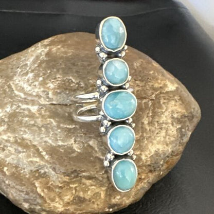 Navajo Women's Cluster Blue Larimar Ring | Authentic Native American Sterling Silver | Multi-Stone | Sz 7.5 | 15953