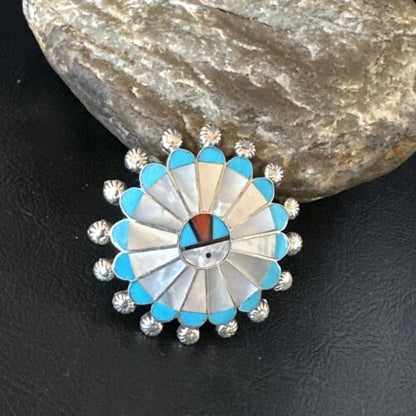 Zuni Sunface Inlay Turquoise Mother of Pearl Pin Pendant | Sterling Silver | Authentic Native American Handmade | 15208