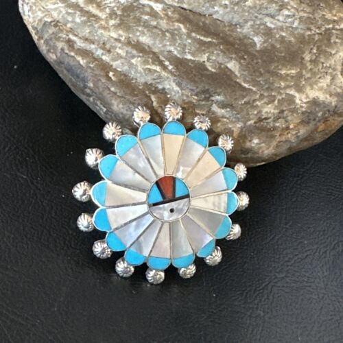 Sunface Zuni Inlay Turquoise Mother of Pearl Pin Pendant | Sterling Silver | Authentic Native American Handmade | 15176