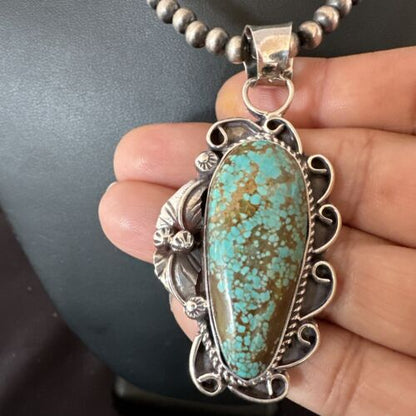Navajo Blue Turquoise #8 Pendant | Sterling Silver Pearls Necklace | Authentic Native American Handmade | 15899