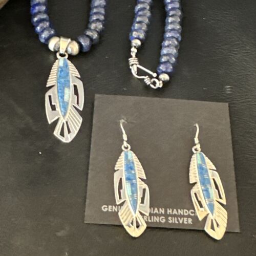 Navajo Opal Feather Multi-Color Lapis Pendant Necklace & Earring Set | Sterling Silver | Authentic Native American Handmade | 15031