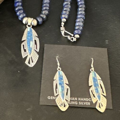 Navajo Opal Feather Multi-Color Lapis Pendant Necklace & Earring Set | Sterling Silver | Authentic Native American Handmade | 15031