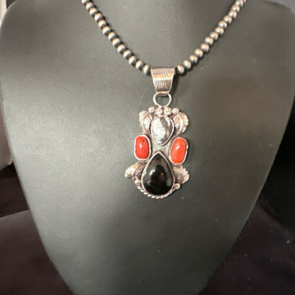 Navajo White Buffalo Coral Onyx Pearls Cluster Pendant | Sterling Silver | Native American Handmade | 15371