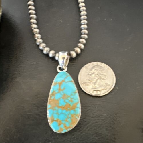 Navajo Blue Kingman Turquoise Pendant Necklace | Sterling Silver Pearls | 20" | Authentic Native American Handmade | 16673