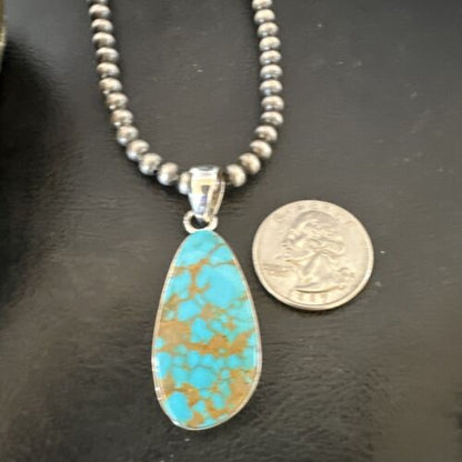 Navajo Blue Kingman Turquoise Pendant Necklace | Sterling Silver Pearls | 20" | Authentic Native American Handmade | 16673