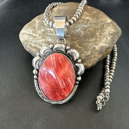 Navajo Red Spiny Oyster Pendant Necklace | Sterling Silver | Authentic Native American Handmade | 17560