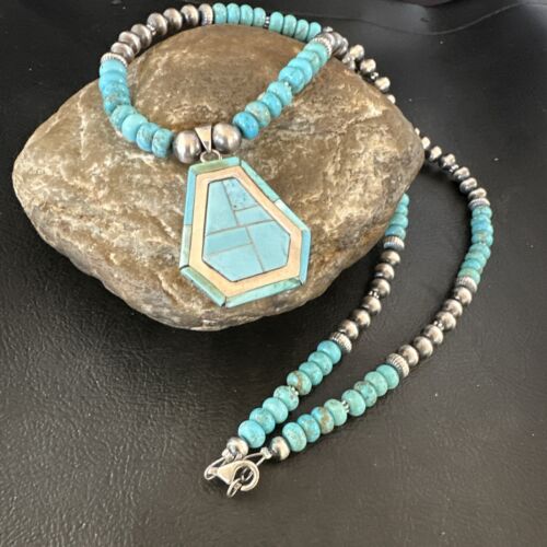 Navajo Turquoise Inlay Pendant Necklace | Sterling Silver | Authentic Native American Handmade | 17077