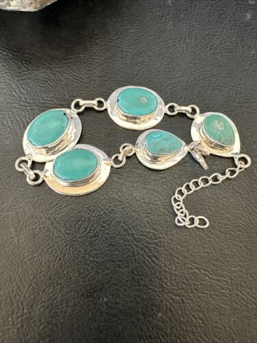 Navajo Blue Turquoise Link Bracelet | Sterling Silver | 9" | Authentic Native American Handmade | 17638