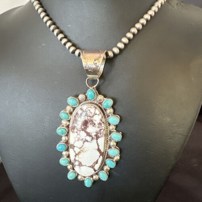 Navajo Wild Horse Turquoise Pendant | Sterling Silver | Native American Handmade | 17147