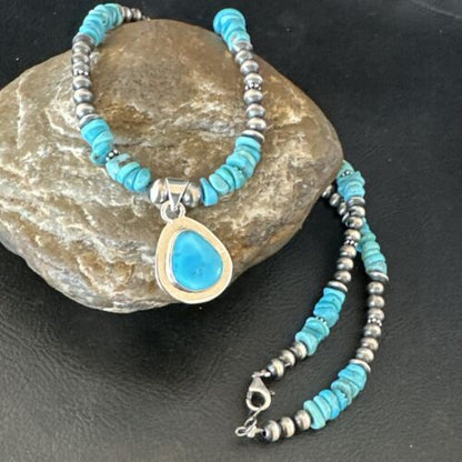 Navajo Men's Blue Kingman Turquoise Pendant Necklace | Sterling Silver | 21" | Authentic Native American Handmade | 17552