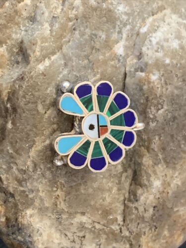 Zuni Sunface Turquoise Lapis Malachite Inlay Pendant | Sterling Silver | 1" | Authentic Native American Handmade | 1183