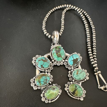 Men's Blue Spiderweb Turquoise Naja Pendant Necklace | Navajo Sterling Silver | 16950