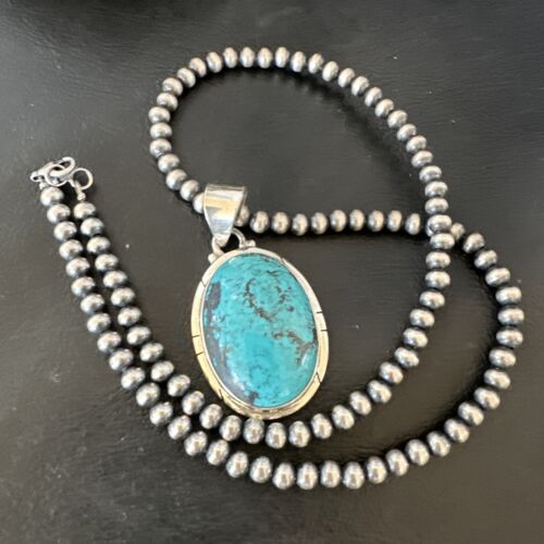 Men's Navajo Blue Spiderweb Turquoise Pendant Necklace | Sterling Silver | Authentic Native American Handmade | 16226