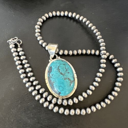 Men's Navajo Blue Spiderweb Turquoise Pendant Necklace | Sterling Silver | Authentic Native American Handmade | 16226