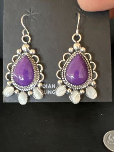 Navajo Purple Sugilite White Mother of Pearl Earrings | Sterling Silver | 1" | Authentic Native American Handmade | 15334