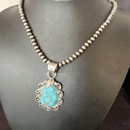 Men's Blue Kingman Turquoise Pendant Necklace | Navajo Pearls | Sterling Silver | 16017
